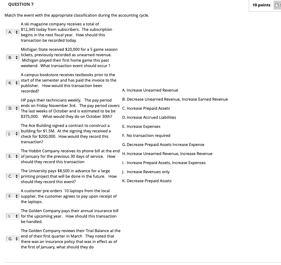 10 points QUESTION 7 Match the event with the appropriate classification