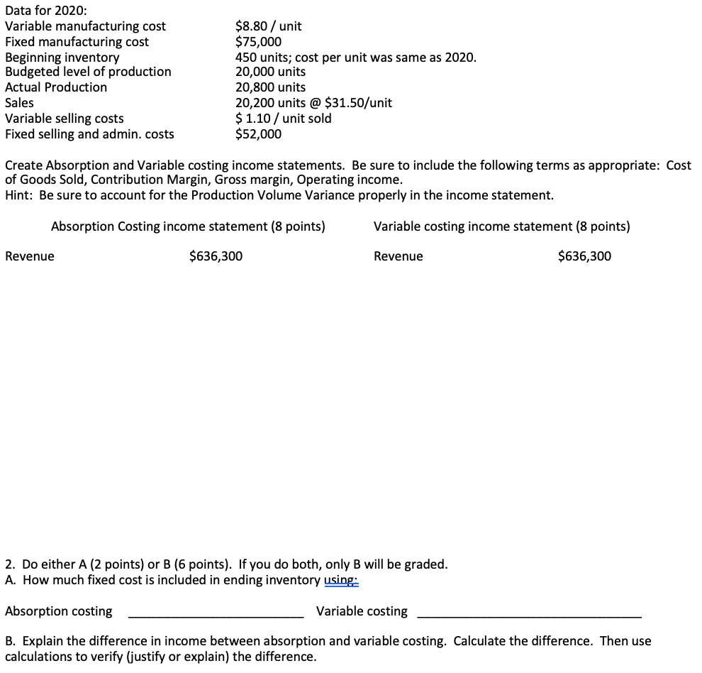 Data for 2020: Variable manufacturing cost Fixed manufacturing cost Beginning inventory