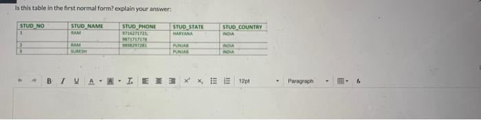  Is this table in the first normal form? explain your answer: