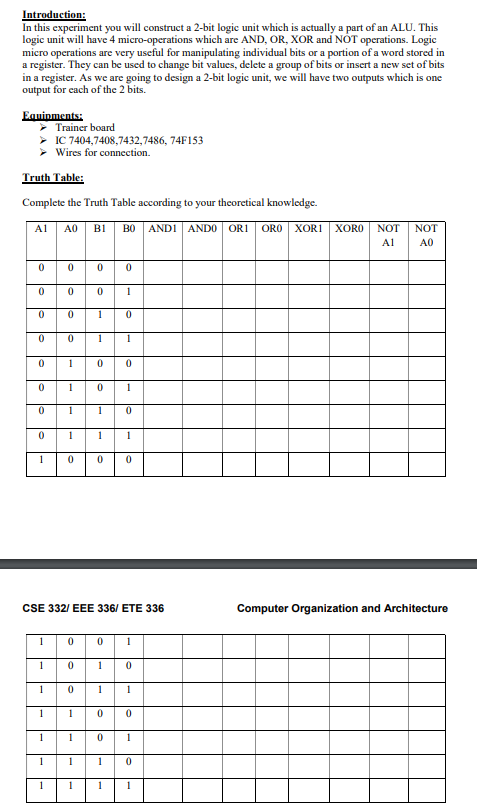  Introduction: In this experiment you will construct a 2-bit logic unit