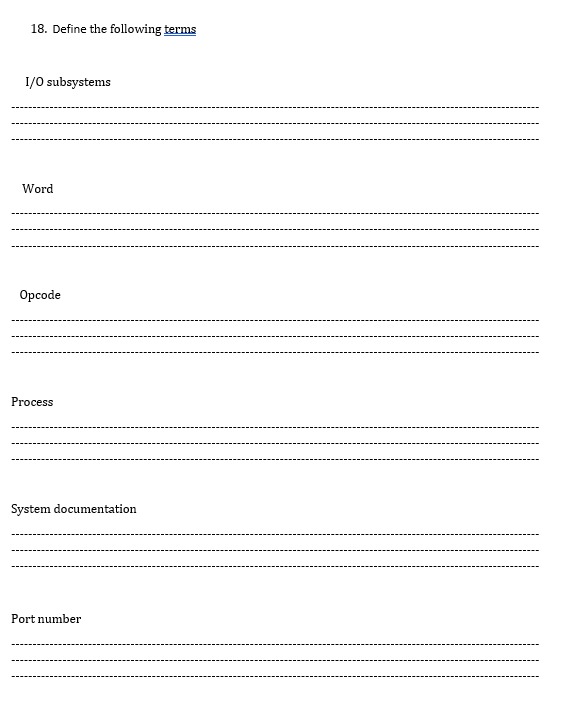  Define the following terms I/O subsystems Word Opcode Process System documentation
