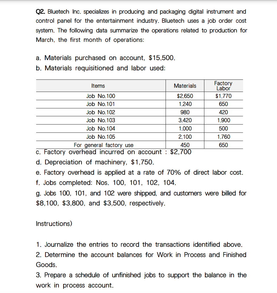  Q2. Bluetech Inc. specializes in producing and packaging digital instrument and