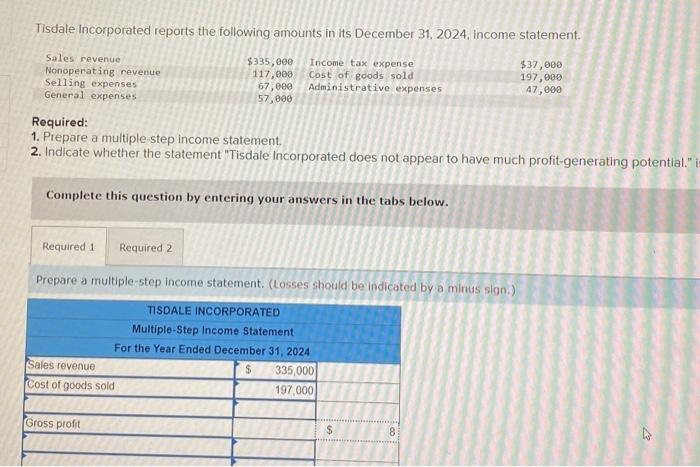 1. Prepare a multiple-step income statement 2. Indicate whether the statement Tisdale