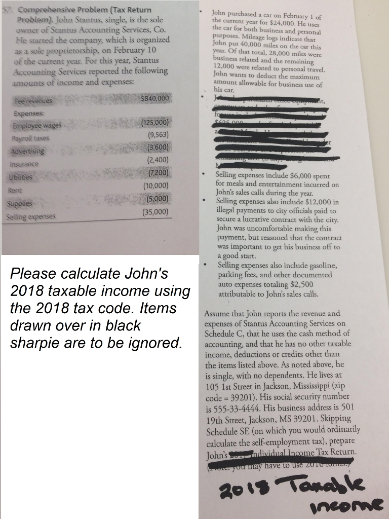  Comprehensive Problem (Tax Return Problem). Joha Stantus, single, is the sole