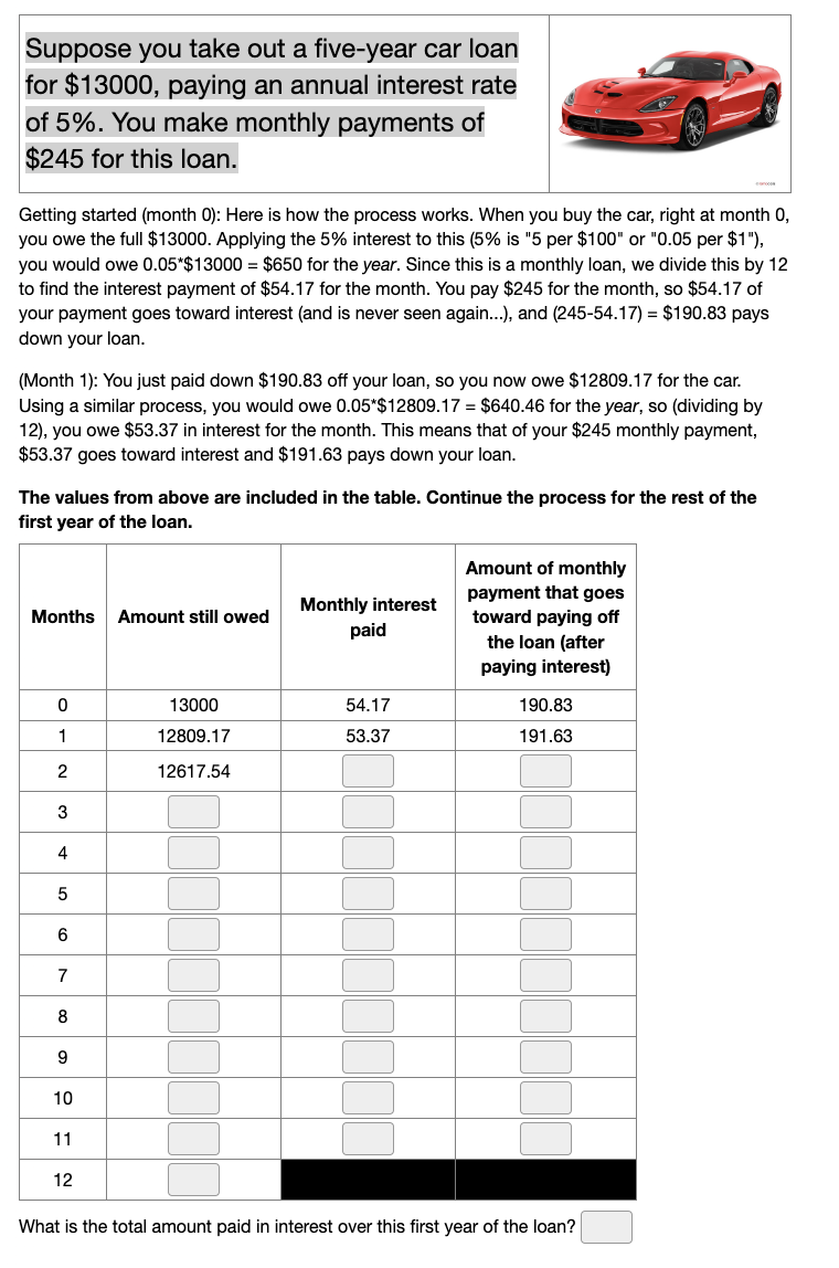  Suppose you take out a five-year car loan for $13000, paying