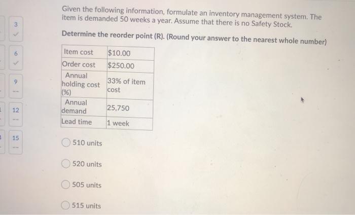  Given the following information, formulate an inventory management system. The item
