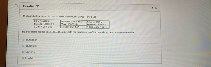  U Question 31 1 pts The table below presents quotes and