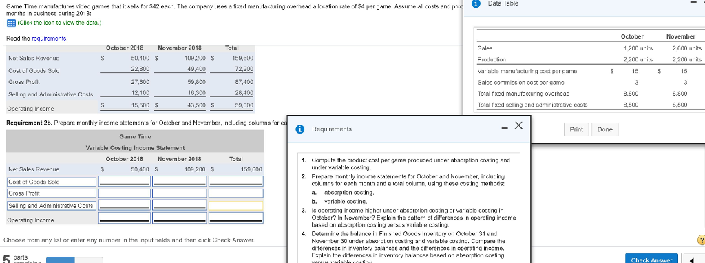  Data Table Game Time manufactures video games that it sells for