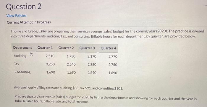  Question 2 View Policies Current Attempt in Progress Thome and Crede,