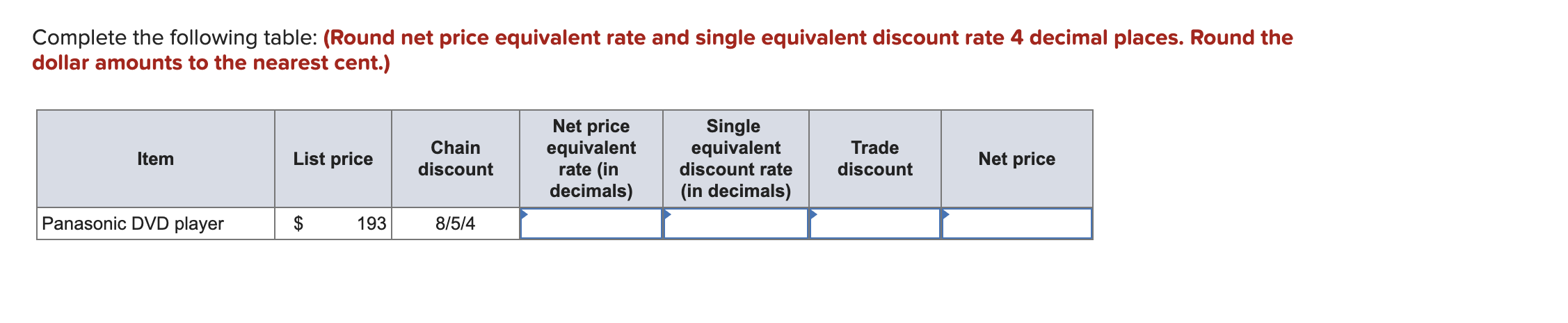  Complete the following table: (Round net price equivalent rate and single