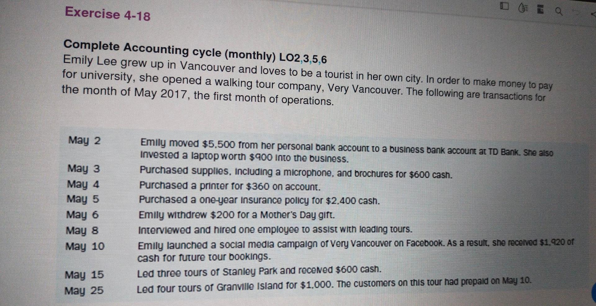 Exercise 4-18 DO E a Complete Accounting cycle (monthly) LO2,3,5,6 Emily