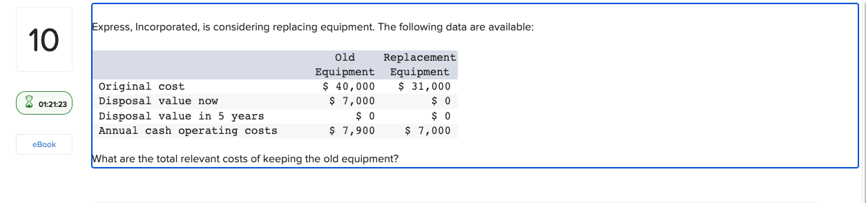 Express, Incorporated, is considering replacing equipment. The following data are available: