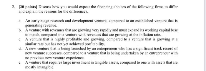  2. [20 points] Discuss how you would expect the financing choices