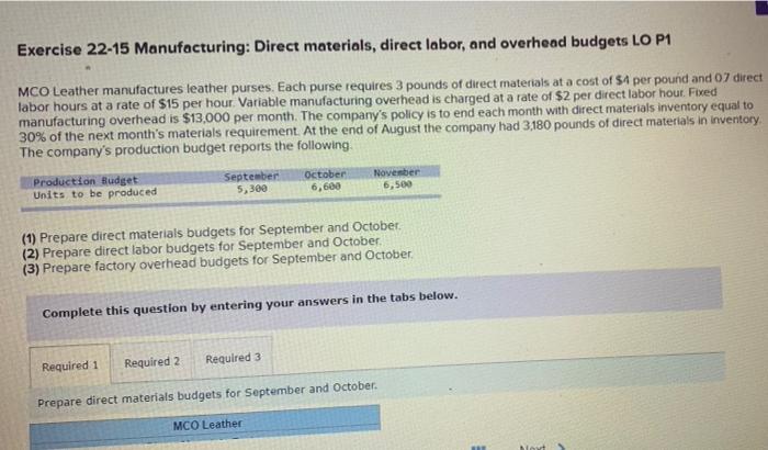  Exercise 22-15 Manufacturing: Direct materials, direct labor, and overhead budgets LO
