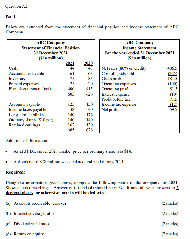  Question A2 Part I Below are extracted from the statement of
