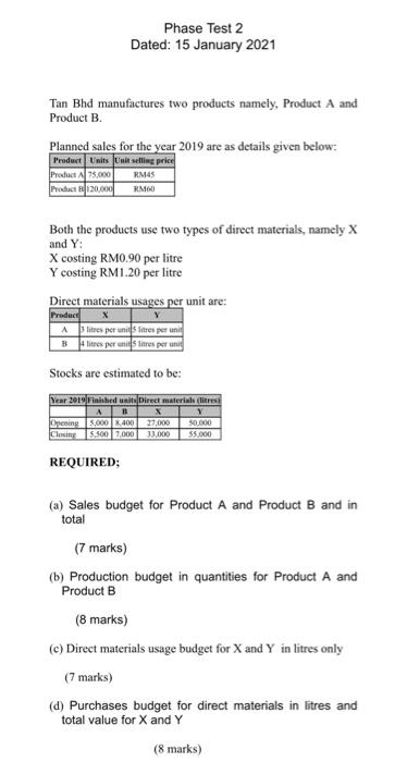  Phase Test 2 Dated: 15 January 2021 Tan Bhd manufactures two