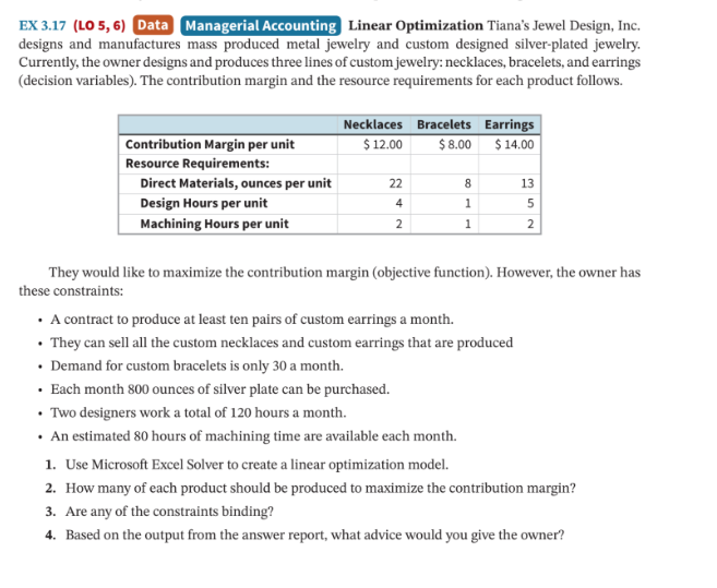  EX 3.17(L05,6) Data Managerial Accounting Linear Optimization Tiana's Jewel Design, Inc.