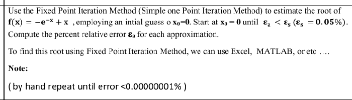  Use the Fixed Point Iteration Method (Simple one Point Iteration Method)