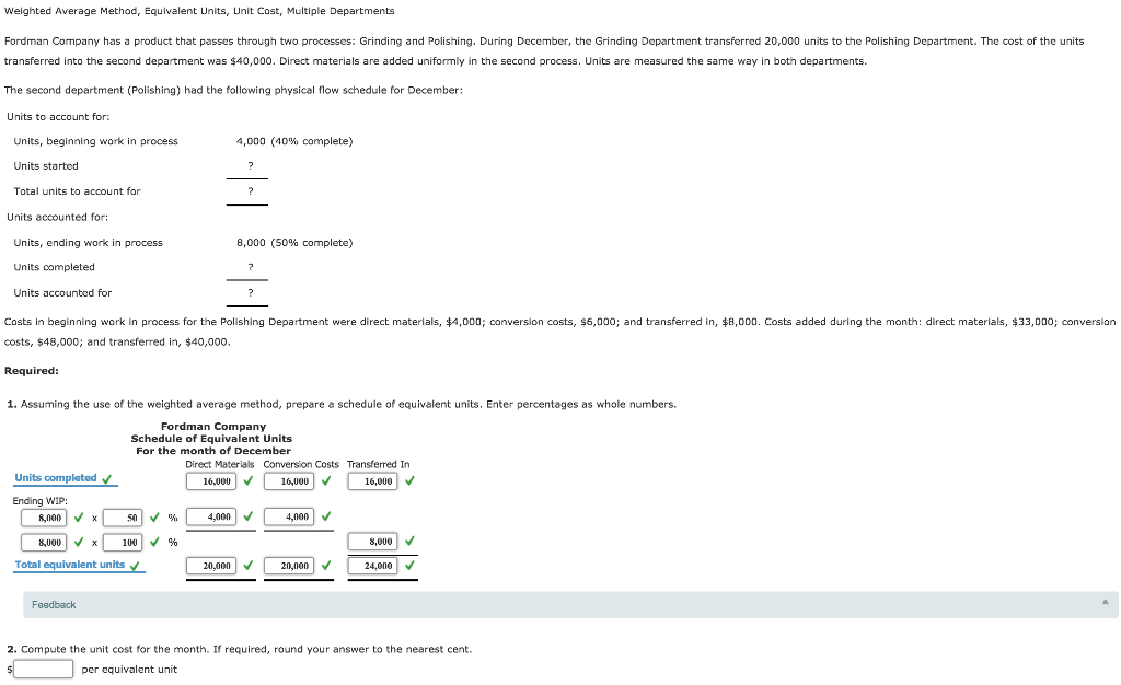  Weighted Average Method, Equivalent Units, Unit Cost, Multiple Departments Fordman Company