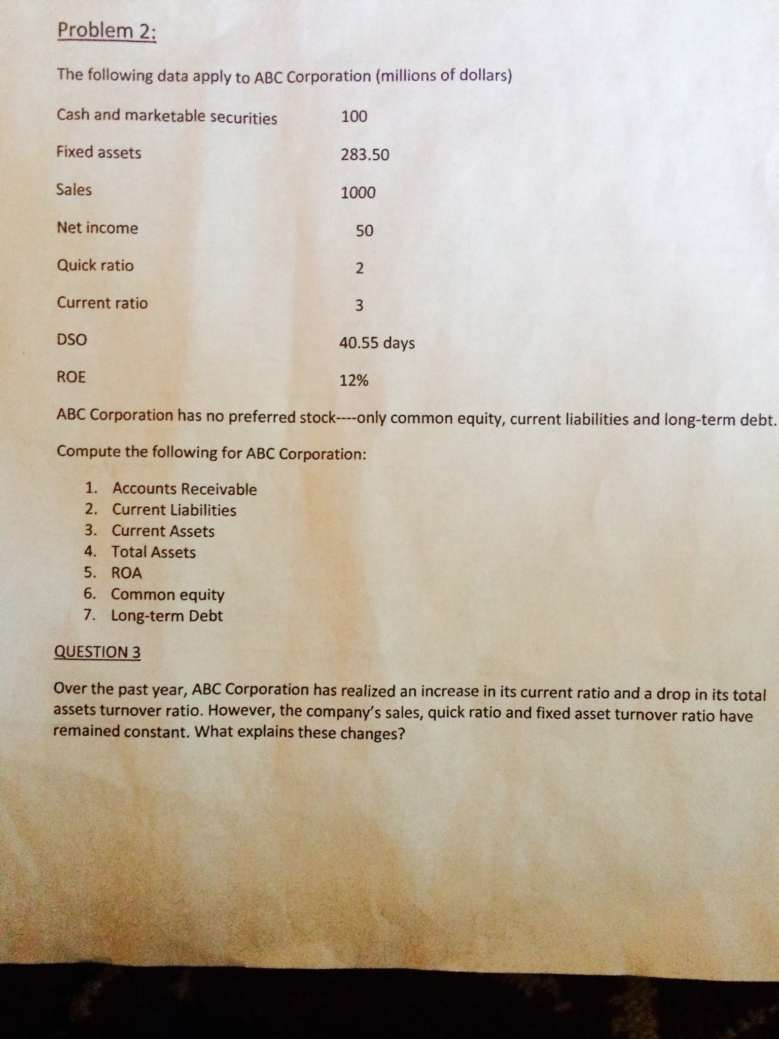 Problem 2: The following data apply to ABC Corporation (millions of