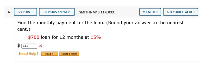  0/1 POINTS PREVIOUS ANSWERS SMITHNM13 11.6.033. MY NOTES ASK YOUR TEACHER