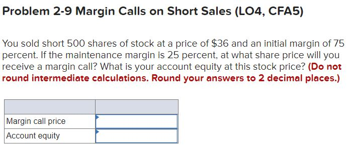 Problem 2-9 Margin Calls on Short Sales (LO4, CFA5) You sold