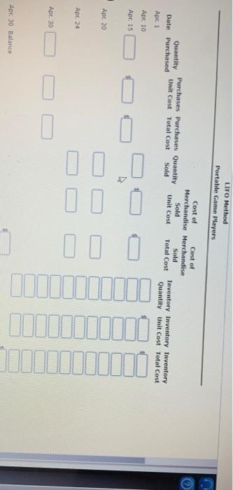 portable game players are as follows: Apr. 1 Inventory 75 units $62
