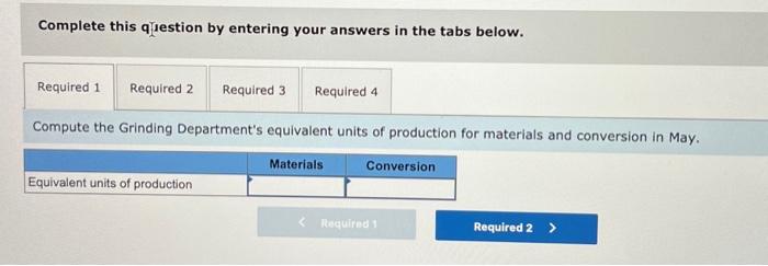 entering your answers in the tabs below. Compute the Grinding Department's equivalent
