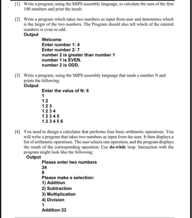  [1] Write a program, using the MIPS assembly language, to calculate