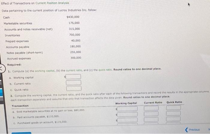  Effect of Transactions on Current Position Analysis Data pertaining to the