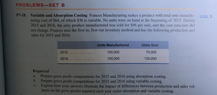  PROBLEMS-SET B P7-1B. Variable and Absorption Costing Frances Manufacturing makes a