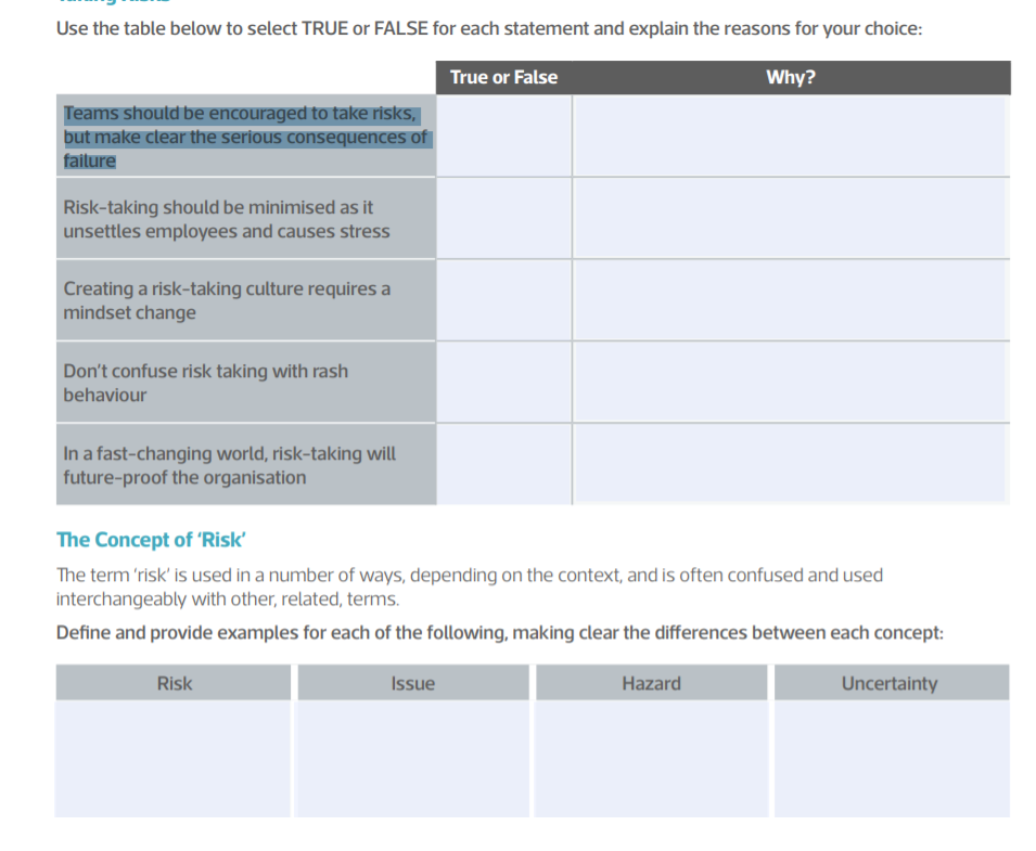  Use the table below to select TRUE or FALSE for each