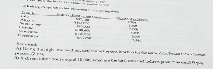  kequired: A) Using the high-low method, determine the cost function for