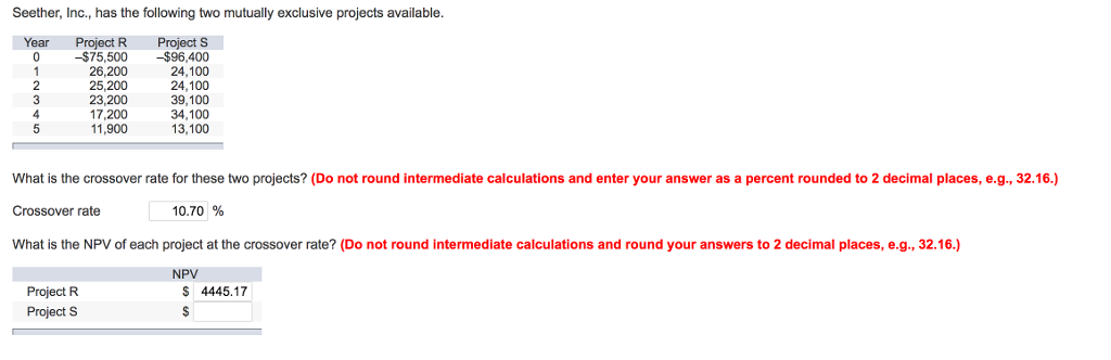 Seether, Inc., has the following two mutually exclusive projects available. What