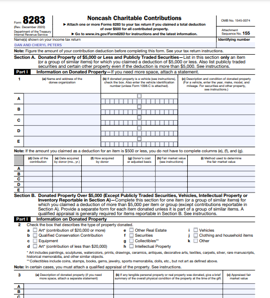 a Form 8283 COMPREHENSIVE PROBLEM :7-62 Dan M. and Cheryl A. Peters