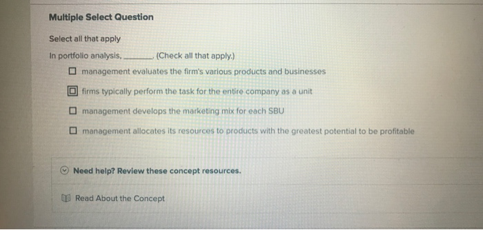  Multiple Select Question Select all that apply In portfolio analysis, (Check