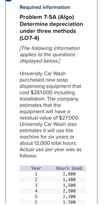  Required information Problem 7-5A (Algo) Determine depreciation under three methods (LO7-4)