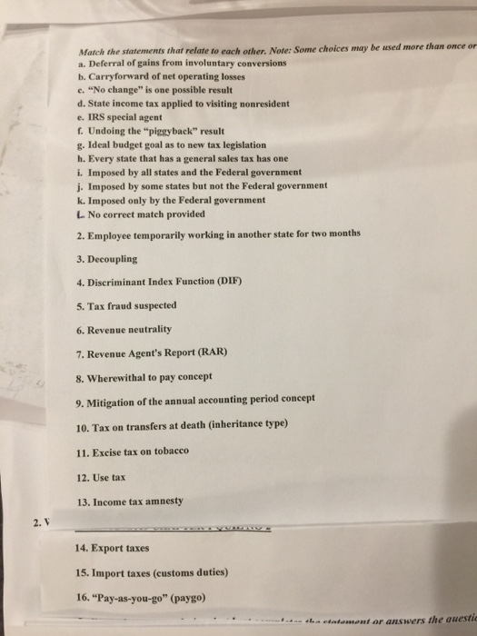  Statement from a to L to be matched to. Numbers 1.