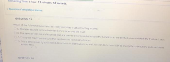  Semaining Time 1hour 13 minutes, 48 seconds Question completion Status QUESTION