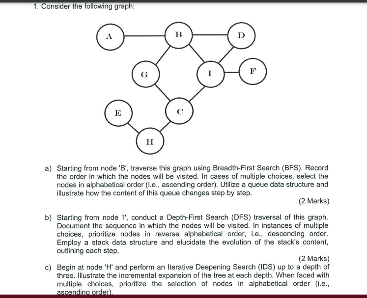  Consider the following graph: a) Starting from node 'B', traverse this