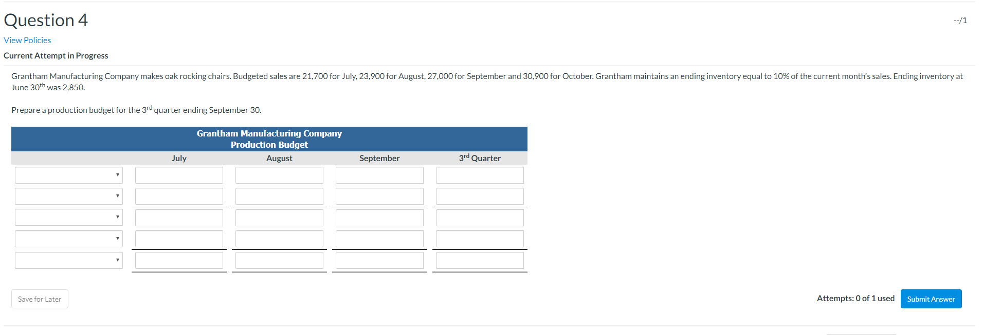  Question 4 --/1 View Policies Current Attempt in Progress Grantham Manufacturing
