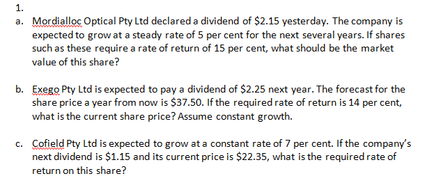  a. Mordialloc Optical Pty Ltd declared a dividend of $2.15 yesterday.