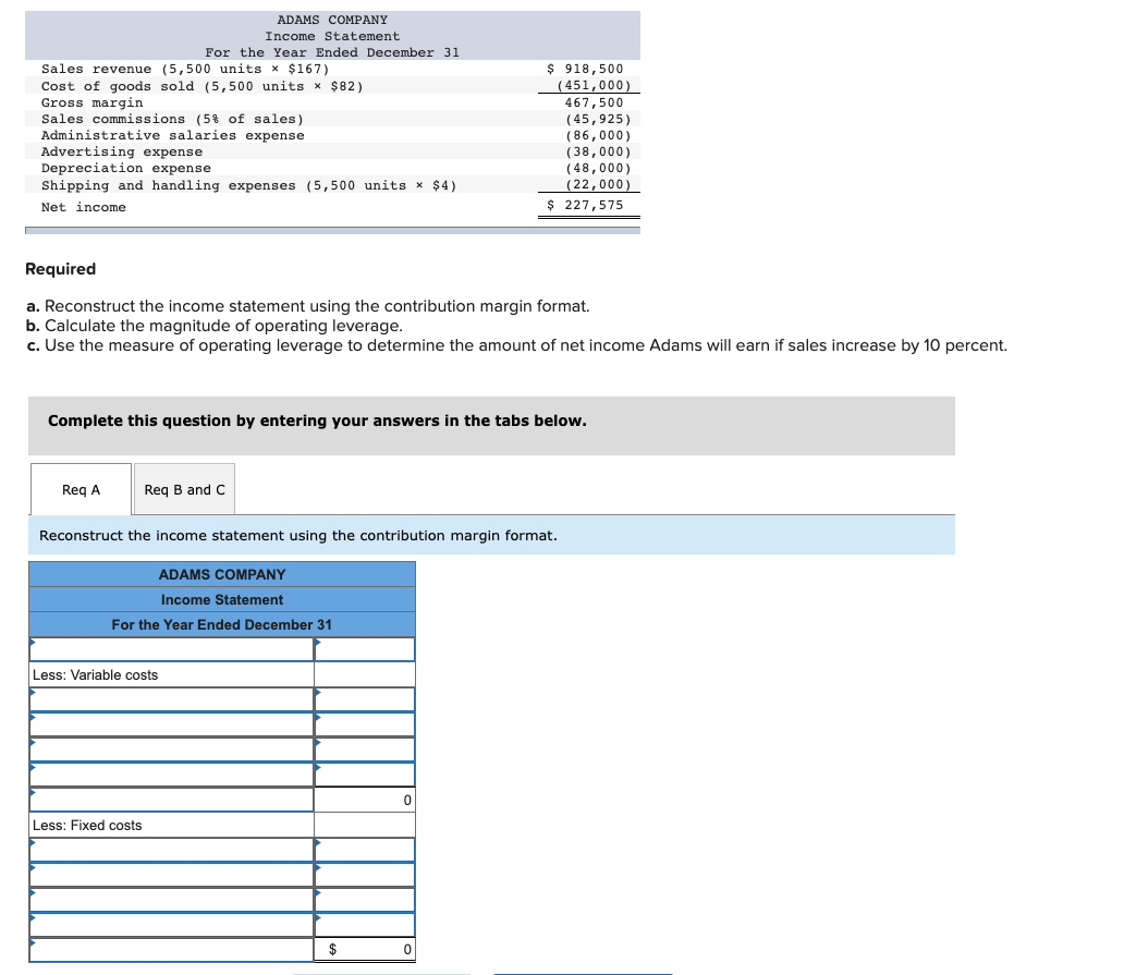  Required a. Reconstruct the income statement using the contribution margin format.