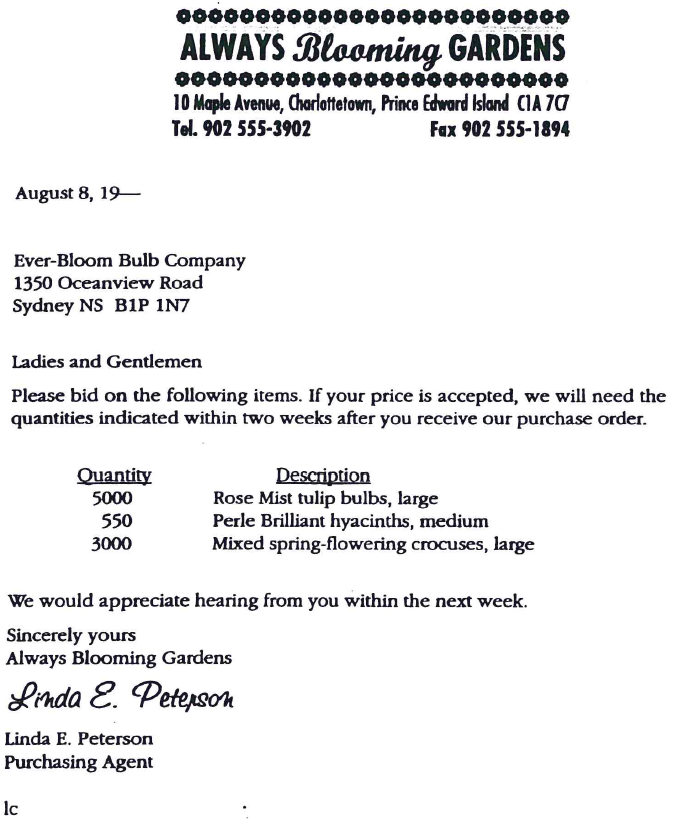 following request from Always Blooming Gardens for a bid. She asks you