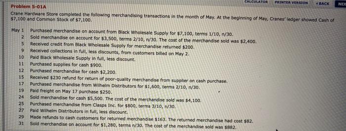  NEK CALCULATOR PRINTER VERSION + BACK Problem 5-01A Crane Hardware Store