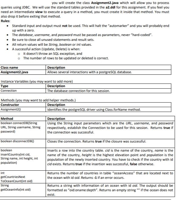  DDL: https://www.eecs.yorku.ca/~papaggel/courses/eecs3421/docs/assignments/a2/a2.ddl SQL https://www.eecs.yorku.ca/~papaggel/courses/eecs3421/docs/assignments/a2/a2.sql you will create the class Assignment2.java which