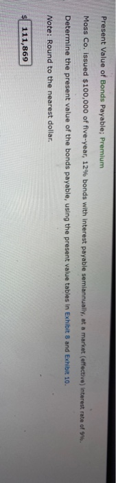 is this right ? Present Value of Bonds Payable; Premium Moss Co.