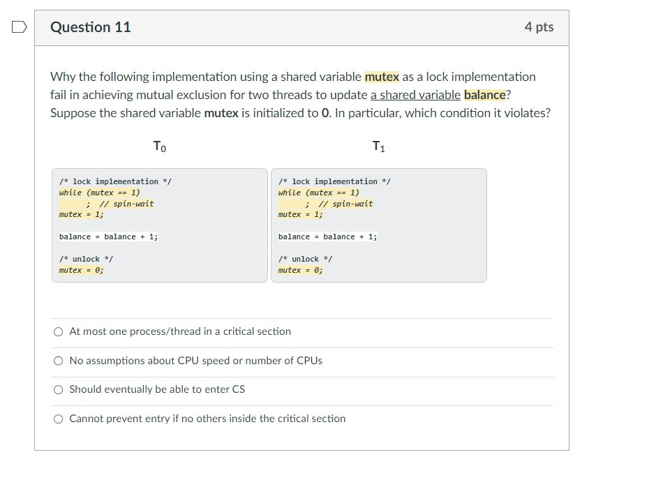 Why the following implementation using a shared variable mutex as a