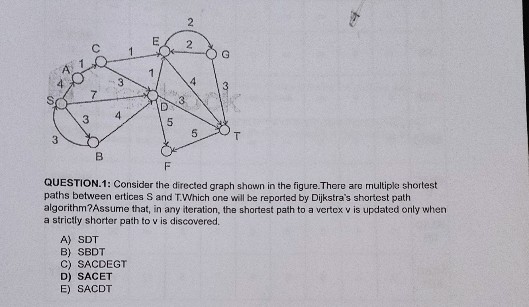  QUESTION.1: Consider the directed graph shown in the figure. There are