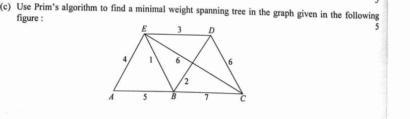  (c) Use Prim's algorithm to find a minimal weight spanning tree